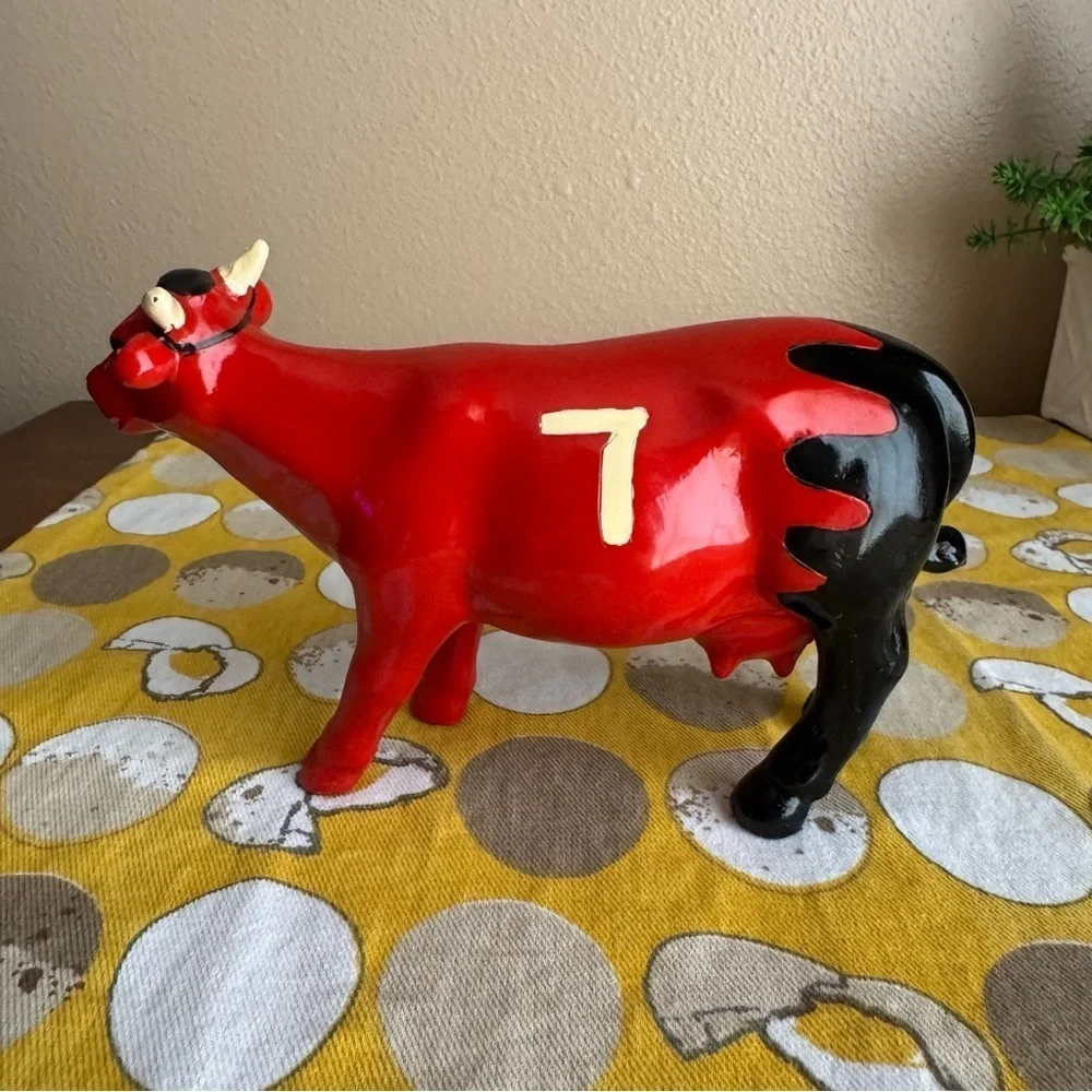 K’s Collection red black striped grid hand painted Cow figurine